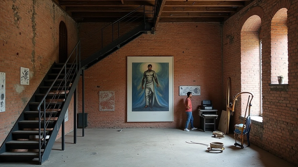 Interno di uno spazio creativo abbandonato in fase di recupero, muri in mattone, scale metalliche, opere d'arte in allestimento