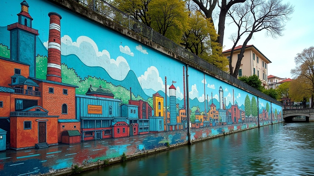 Murales colorato sulle sponde del Po raffigurante la storia industriale di Torino, con tonalità di blu e verde