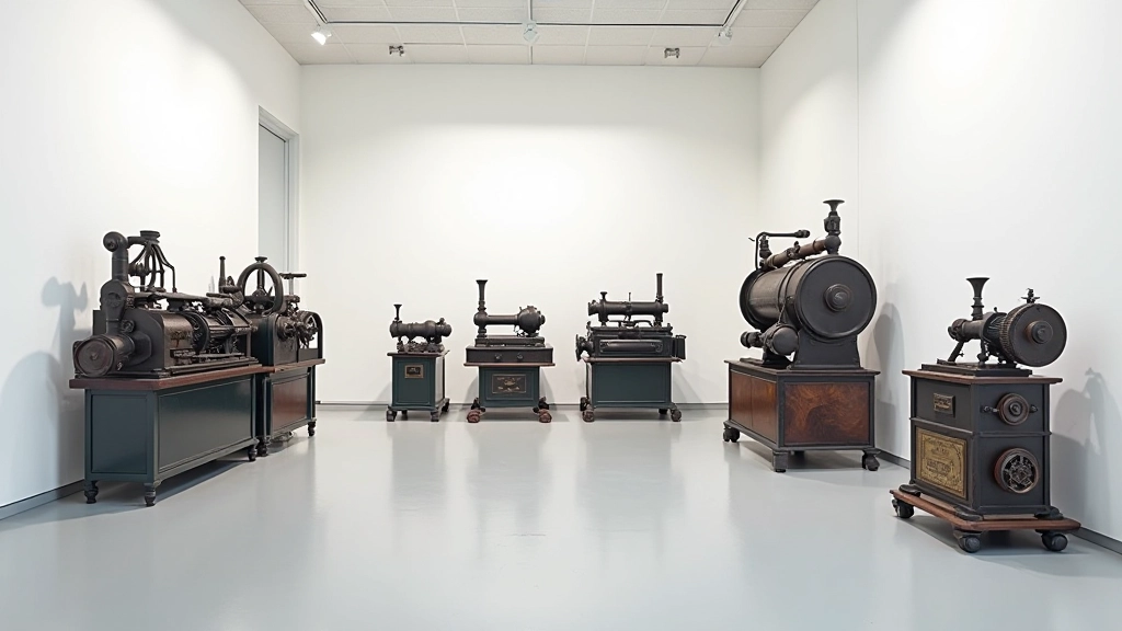 Esposizione di macchinari storici e strumenti artigianali in uno spazio bianco e minimalista