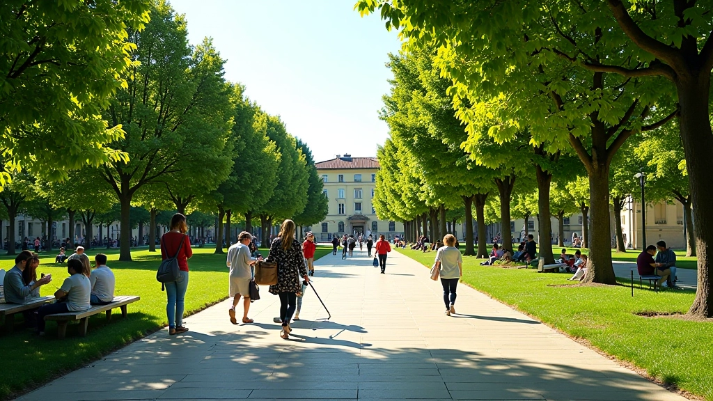 Parco pubblico di Torino con persone che si riposano, bambini che giocano, alberi verdi, spazi rigenerati