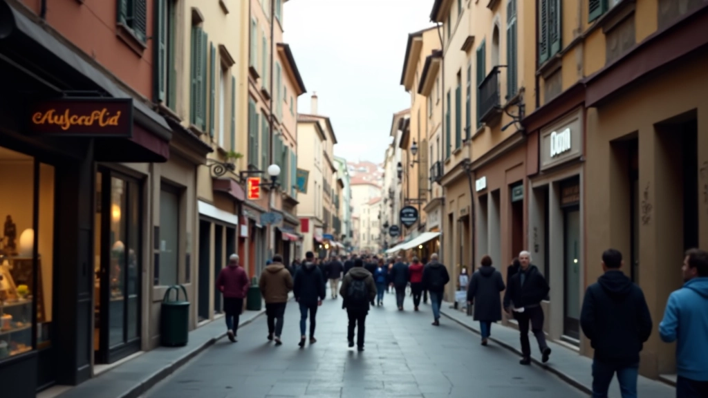 Strada di Torino con negozi tradizionali e moderni, persone che camminano, architettura urbana mista