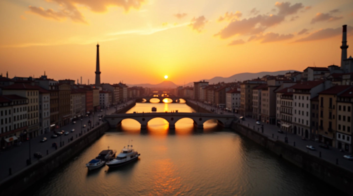 Vista panoramica di Torino con architettura industriale e fiume Po al tramonto