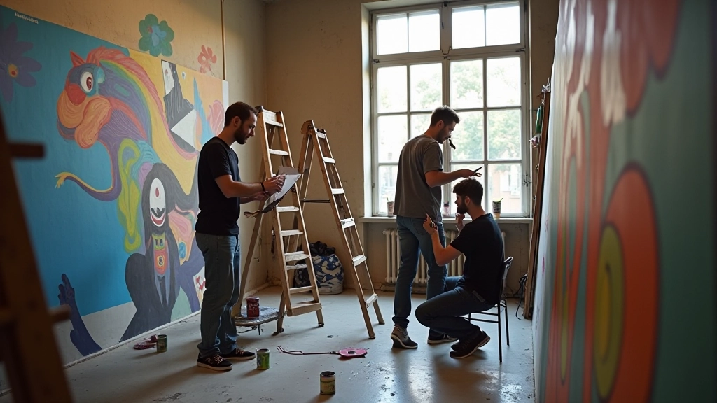 Giovani artisti che lavorano insieme in uno spazio creativo, pittura murale in corso, strumenti e colori sparsi