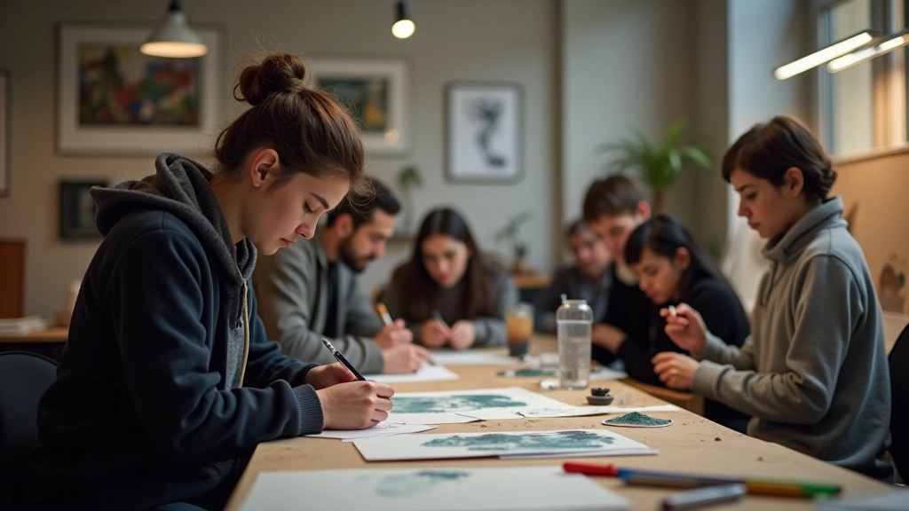 Giovani artisti che lavorano in uno spazio culturale, laboratorio creativo con opere d'arte, ambiente moderno ma autentico